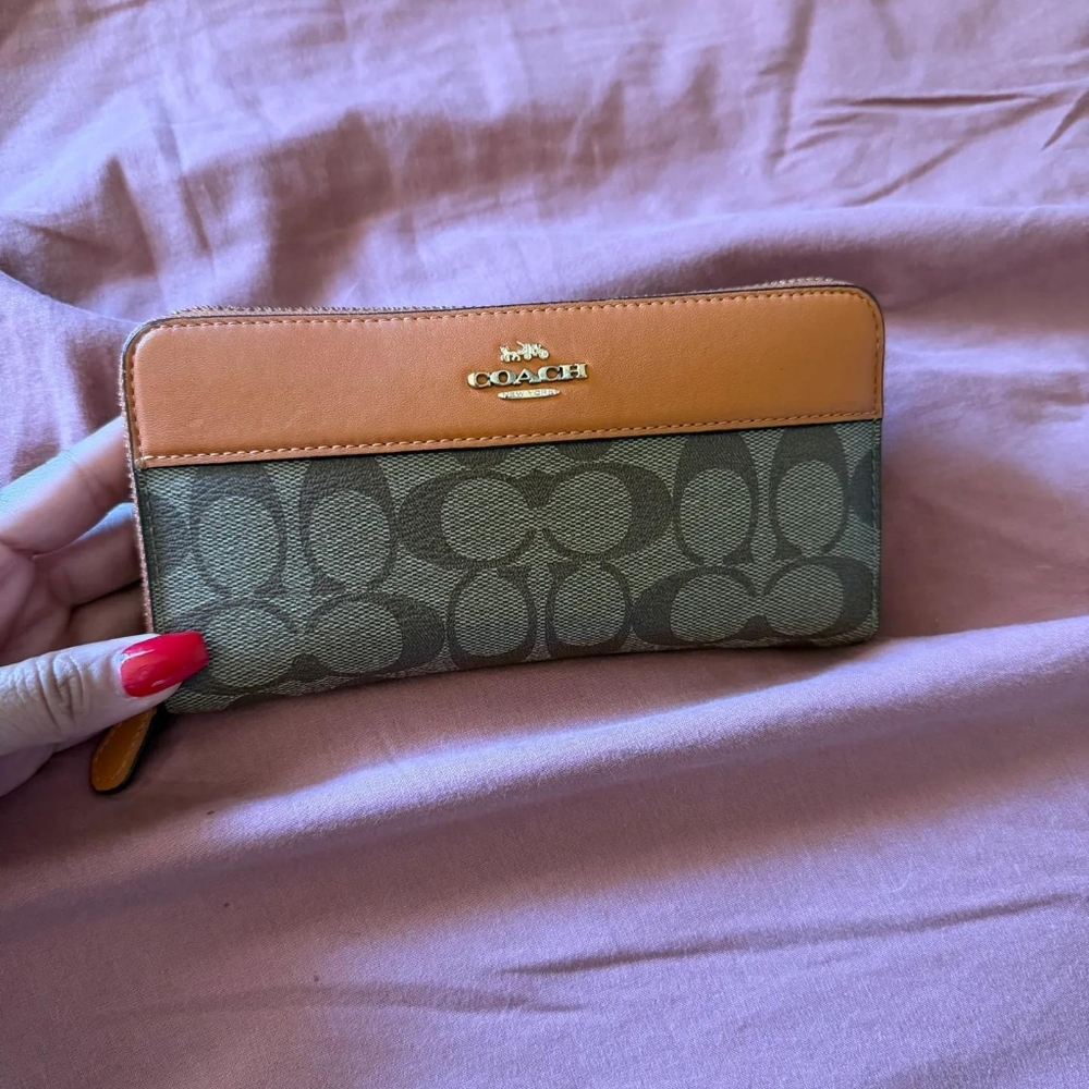 Coach Zip-Around Wallet in Brown Monogram and Tan Leather